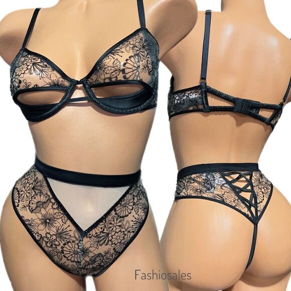 Victoria’s Secret Set Sexy Cut out mesh Rhinestones Demi Bra & High Waist thong - Picture 9 of 14